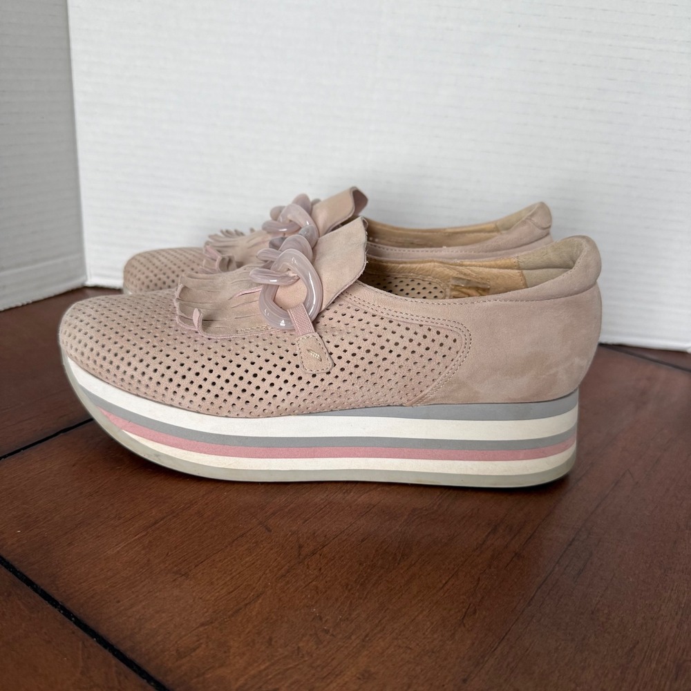 Softwaves Blush Pink Suede Perforated Platform Fringe Loafers Size 38 Portugal